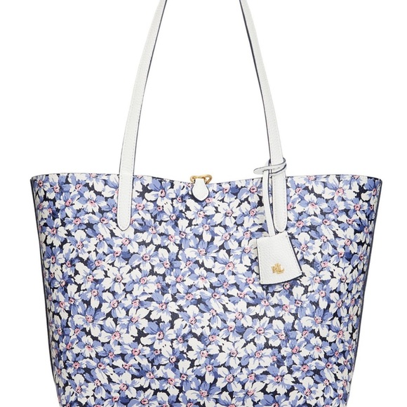 LAUREN RALPH LAUREN Bag Leather Print Tote Purple Vanilla/Breeze Floral w Pouch - Picture 13 of 14